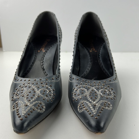 J. Renee! Gunsmoke blue leather gold studded embossed heels - Picture 2 of 13